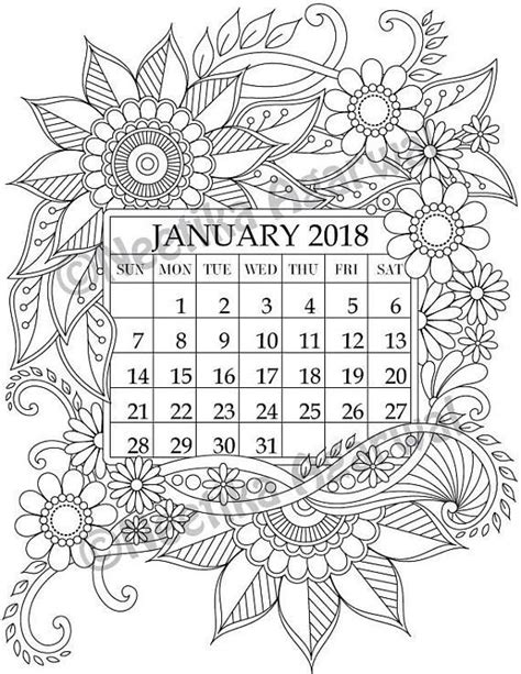 January 2018 Coloring Page Calender Planner Doodle Coloring Pages