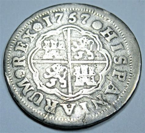 1757 Spanish Silver 1 Reales Antique 1700’s Colonial Cross Pirate ...