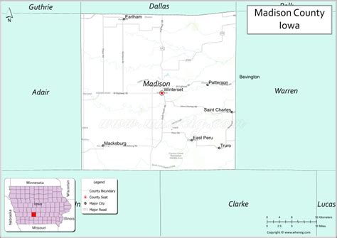 Map of Madison County, Iowa showing cities, highways & important places ...