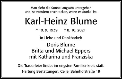 Traueranzeigen Von Karl Heinz Blume Trauerportal Der Celleschen Zeitung