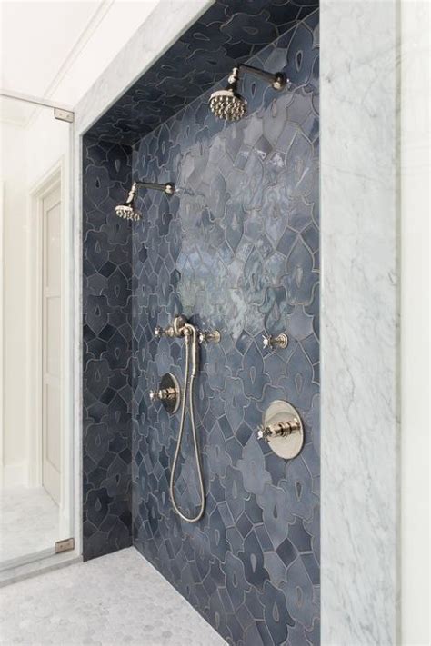 Walk In Shower With Gray Fleur De Lis Mosaic Tiles Transitional