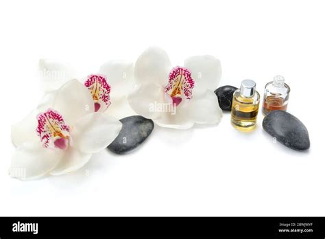 Oil Bottles And Pebbles With Beautiful Orchids On White Background