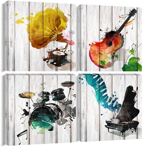 4 Pieces Music Canvas Wall Art Guitar Piano Phonograph And