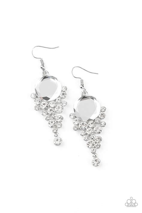 Paparazzi Elegantly Effervescent White Rhinestone Silver Frame Earri