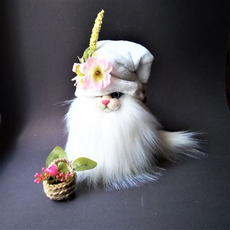 Gnomes White Gnome Gnome Cat In White Hat With Crystals Flower Etsy