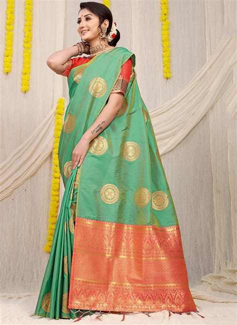 Shop Soft Patola Silk Zari Weaving Work Green Color Saree Festive Wear