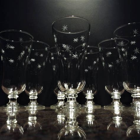 Atomic Starburst Parfait Glasses Set Of 7 Glastonbury Lotus Morning Star Etched Cocktail