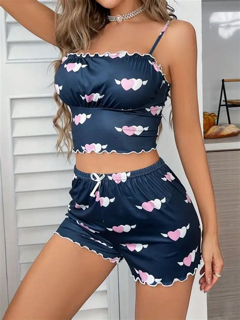 Heart Print Pajama Set Lettuce Trim Cami Top Elastic Temu Australia