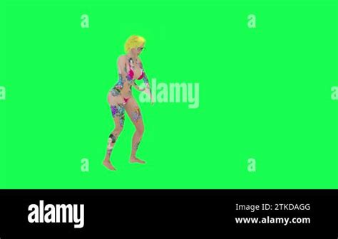 Blonde Tattooed Woman In Pink Bikini Dancing Robot Hip Hop Front Angle Isolated Green Screen