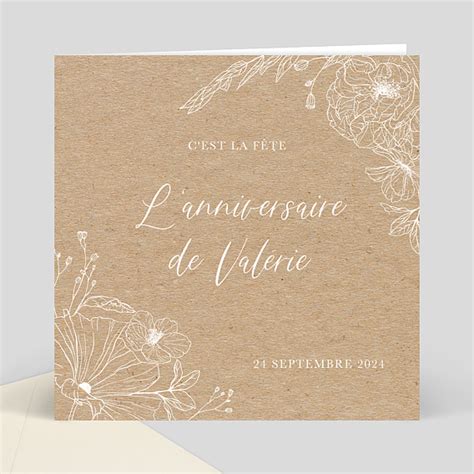 Invitation Anniversaire Gravure Fleurs Kraft