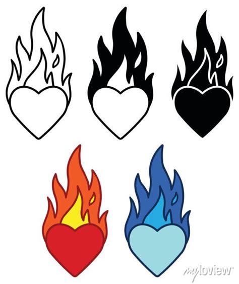 Heart On Fire Clipart Set Outline Silhouette And Color Posters For