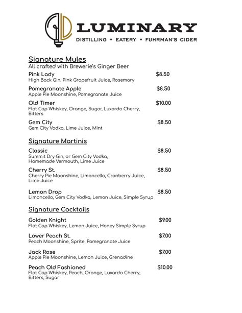 Cocktails Bottle Shop Drink Menus Luminary Distilling LLC