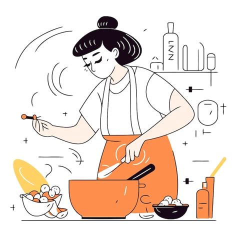 Mujer Cocinando En La Cocina En Un Estilo Plano Vector Premium