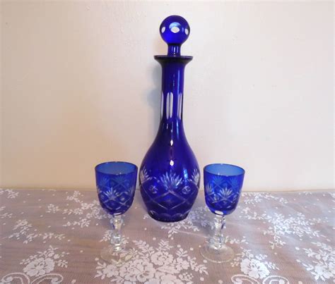 Cobalt Blue Crystal Cut Glass Decanter Cordial Serving Set