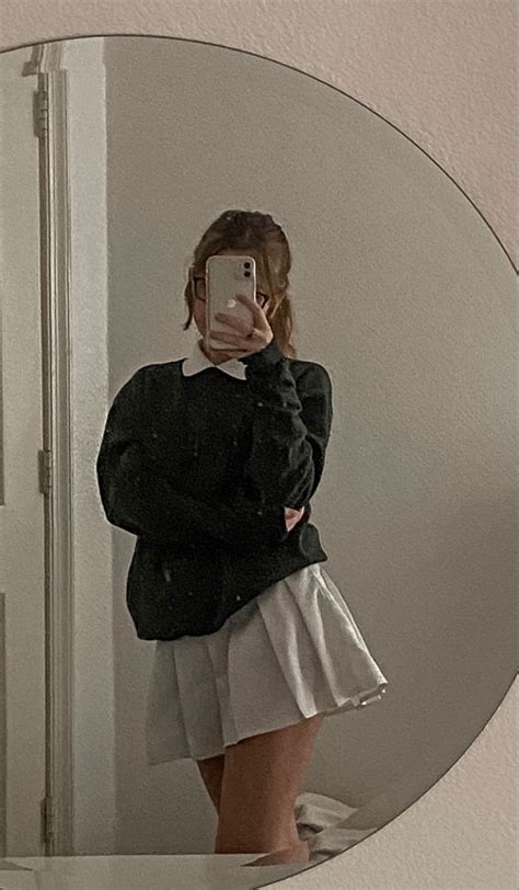 Crewneck Pleated Skirt Mirror Selfie Photography Poses Fashion Poses Mirror Selfie Poses