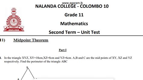 Mathematics Nalanda College Unit Exam Paper 11 Grade 11