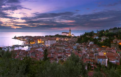 Wallpaper sea, sunset, coast, building, panorama, Piran, Slovenia ...