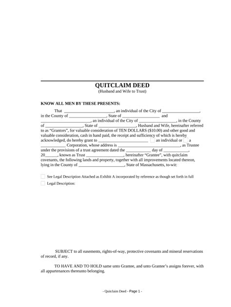 Quitclaim Deed Husband And Wife To Trust Massachusetts Doc Template