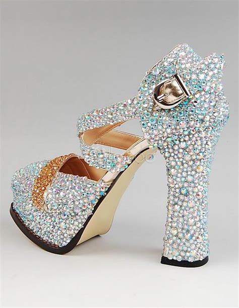 Glitter Silver Chunky Heel Sheepskin Almond Toe Womans High Heels