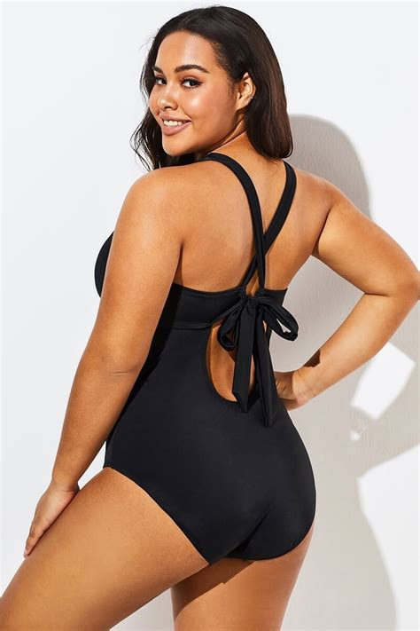 Black Lace Up One Piece Open Back Swimsuit Meet Curve Meet Curve