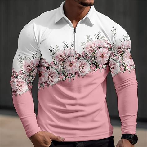 Blumen Herren Brautkleider Schlicht Bedruckt 3D Zip Polo Golfpolo