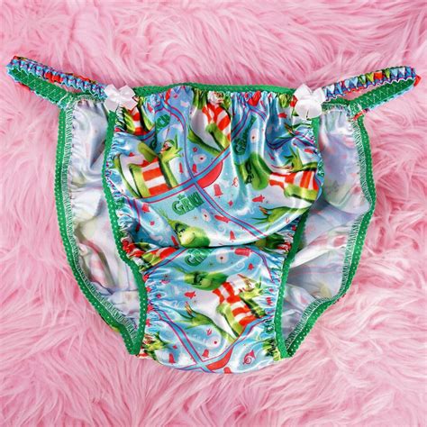 Anias Poison Christmas Blue Green Grinch Print Polyester Silky Soft String Bikini Sissy