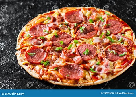 Pizza With Mozzarella Cheese Salami Bacon Tomato Sauce Pepper