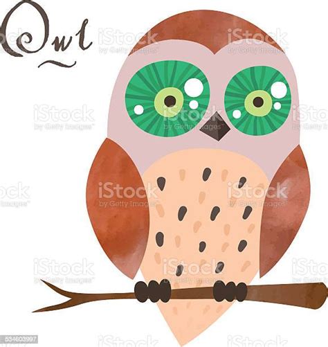 Vector Cartoon Owl With Watercolor Elements And Handwritten Letters