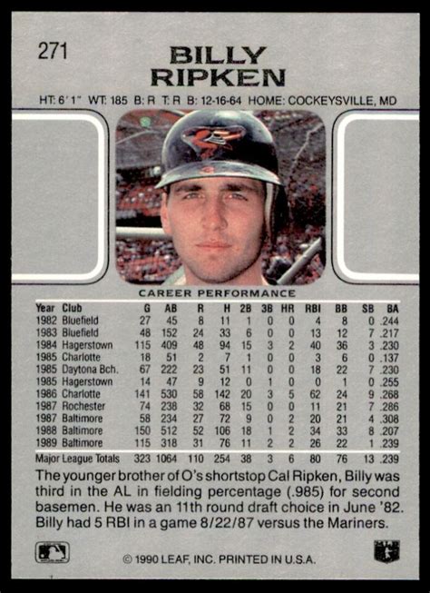 1990 LEAF BILLY RIPKEN BALTIMORE ORIOLES 271 EBay