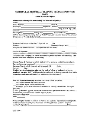 Fillable Online Psr CPT Recommendation Form Pacific School Of