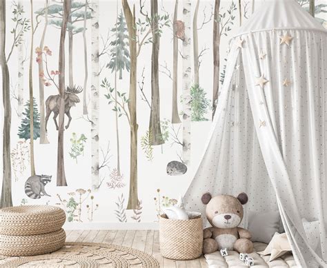 Tapete Waldtiere Aquarell Fototapete Kinderzimmer Wald Etsy De