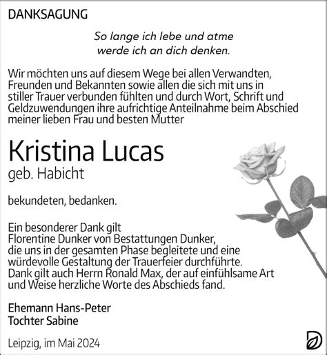 Traueranzeigen Von Kristina Lucas Trauer Anzeigen De