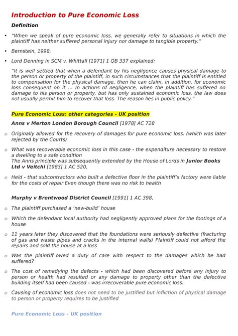 Law Of Torts Topic 4 Lecture Notes 4 Introduction To Pure Economic