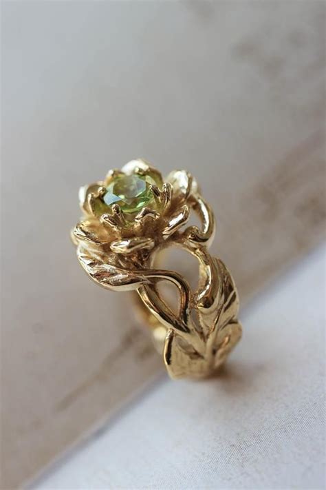 Peridot Engagement Ring Solid Gold Unique Ring Flower Ring Etsy