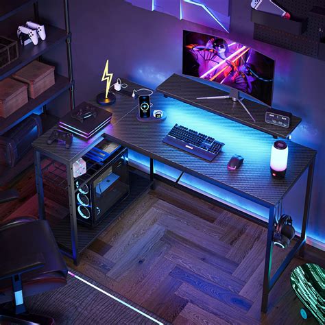 "Bestier 48"" L-Shaped Gaming Desk with LED Lights, Power Outlets ...