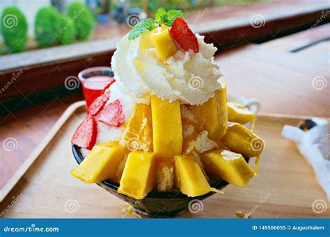 Korean Shaved Ice Cream Dessert With Sweet Toppings Mango Bingsu Or