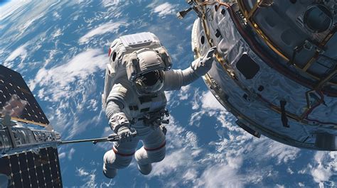 完全なスペーススーツを着た宇宙飛行士が 宇宙船の基本的なメンテナンスを行っています プレミアム写真