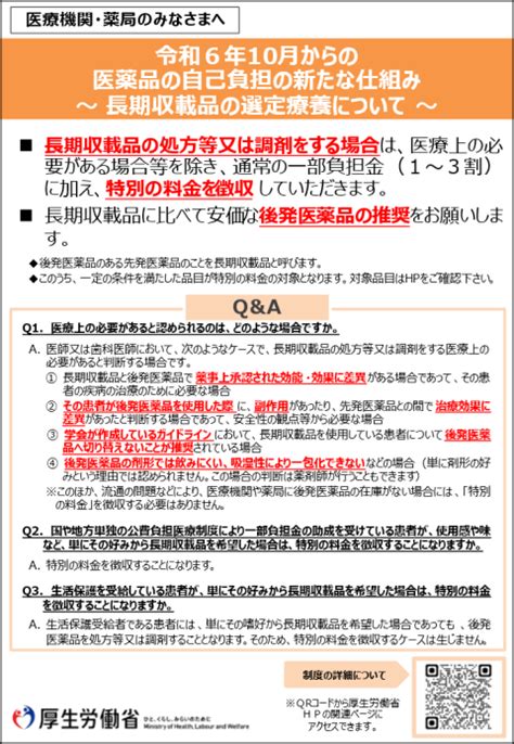 後発医薬品のある先発医薬品（長期収載品）の選定療養について｜厚生労働省