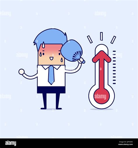 Businessman Very Hot Because Increased Temperature Cartoon Character Thin Line Style Vector