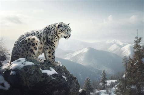 Leopardo de las nieves en la cima de una montaña Foto Premium