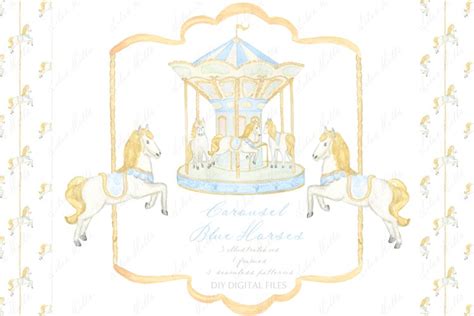 Carousel Horses Blue Watercolor DIY