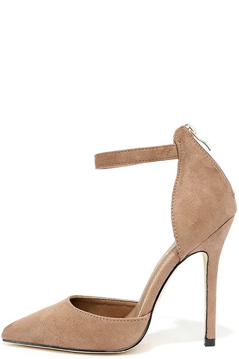 Taupe Suede Heels Ankle Strap Heels 34 00 Lulus