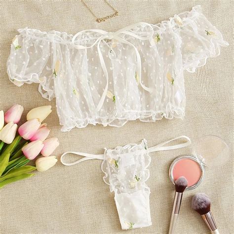 Super See Through Two Piece Embroidery Bra Thong Set Puffy Mesh Erotic Hot Sexy Girls Underwear