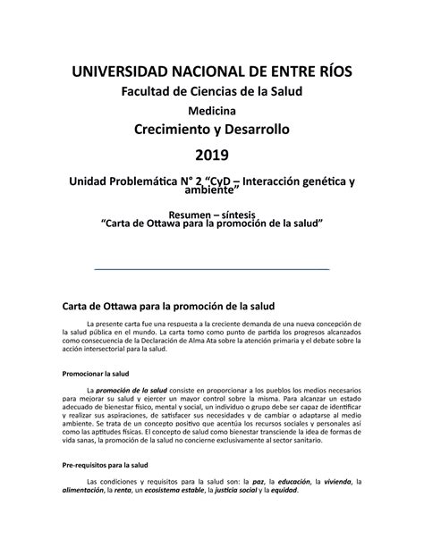 Resumen Carta De Ottawa Para La Promoci N De La Salud Universidad