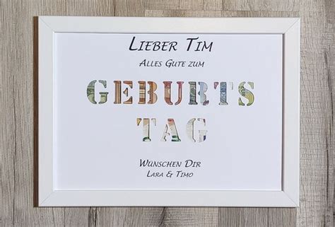 A White Frame With The Words Gerburt S Tag Written In Multicolored Letters