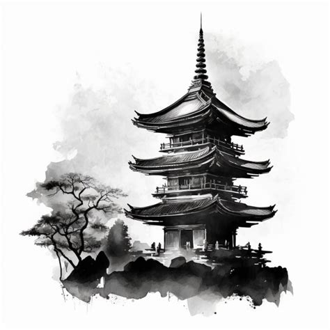 Simplistic Japanese Pagoda Sketch Art Landscape Monochome Drawing Wall ...