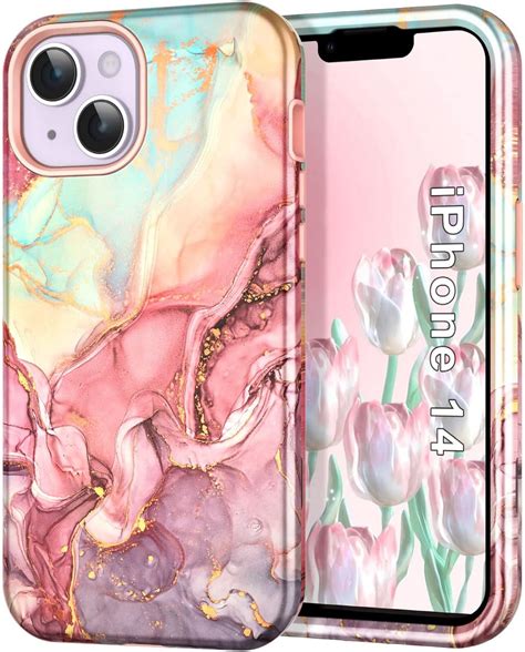 Casefiv Compatible With Iphone 14 Casemarble Pattern 3 In 1 Heavy Duty Shockproof