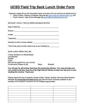 Fillable Online UCSD Field Trip Sack Lunch Order Form Fax Email Print