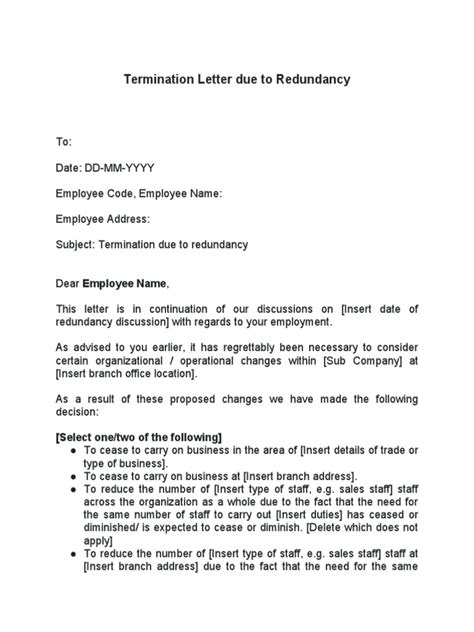 Redundancy Termination Letter Template