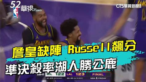 詹皇因傷缺陣 Russell飆44分準決殺率湖人勝公鹿｜52華視ctsports｜20240310 Youtube